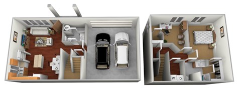 A floor plan of a two-bedroom apartment with a garage.